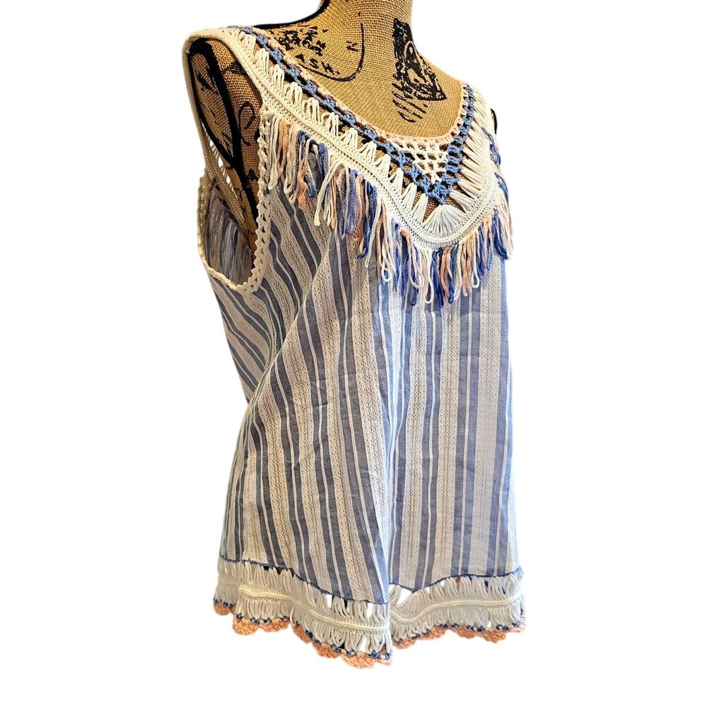 Miss Koo Paris Fringe Blouse Knit Crochet Cotton Blend Festival Boho Shirt Sz L - Picture 4 of 11
